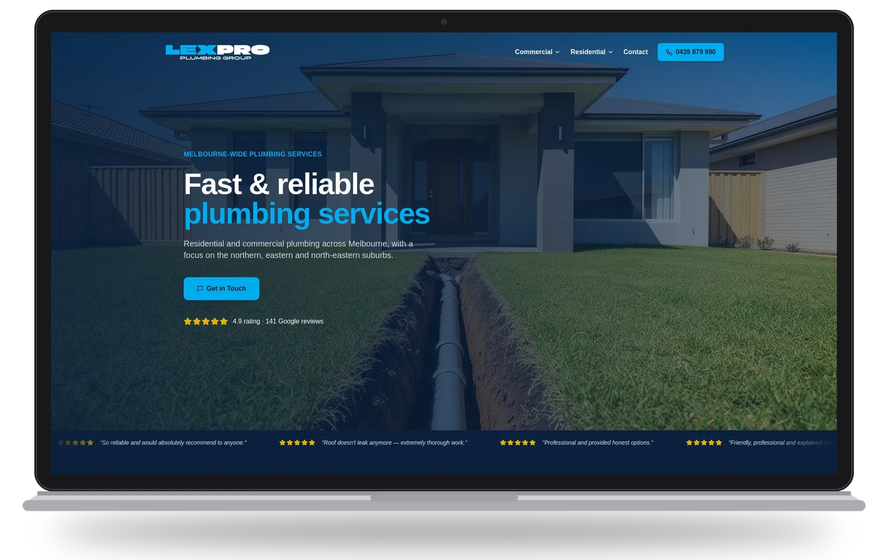 Lexpro Plumbing website shown on a laptop