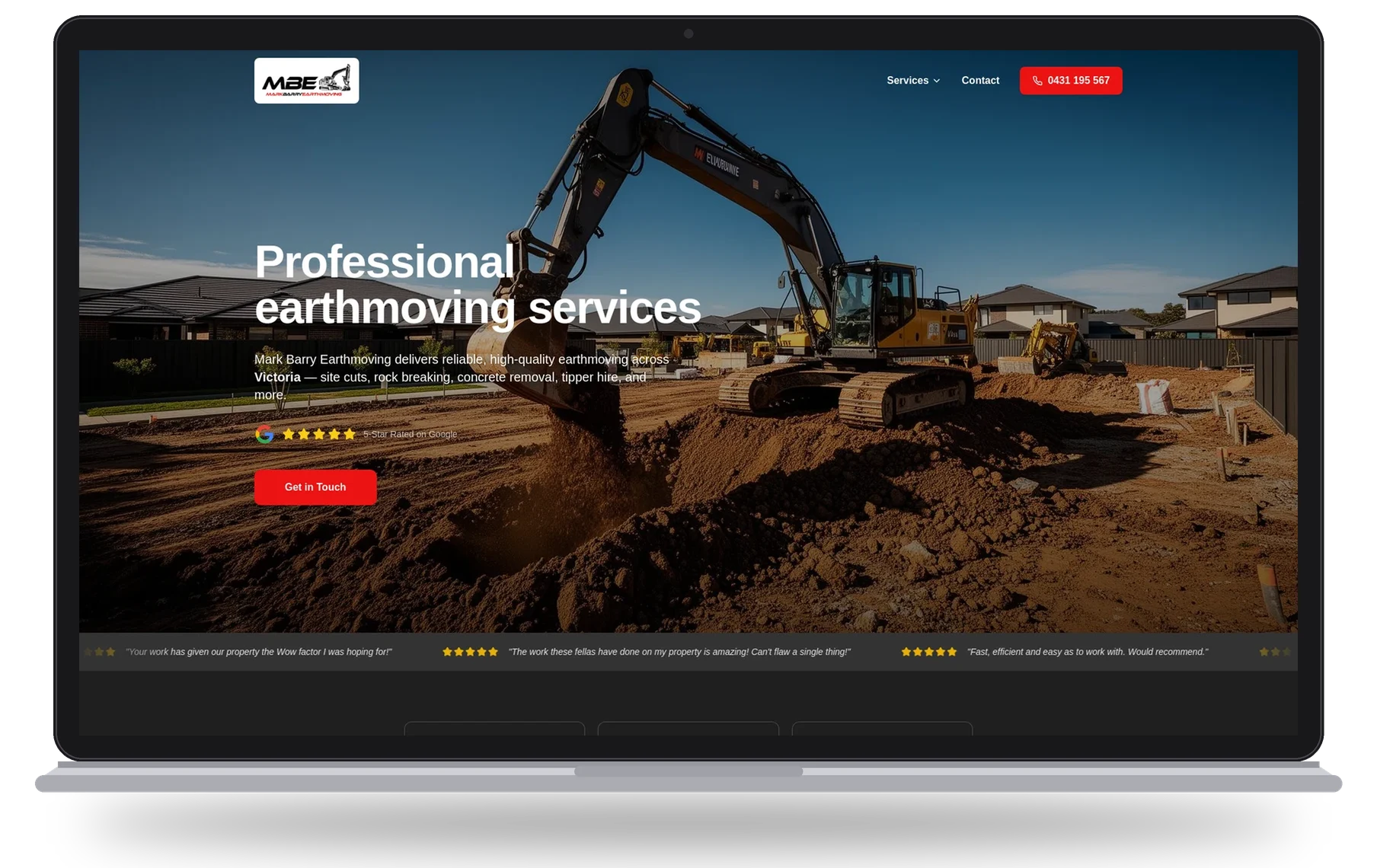 Mark Barry Earthmoving website shown on a laptop