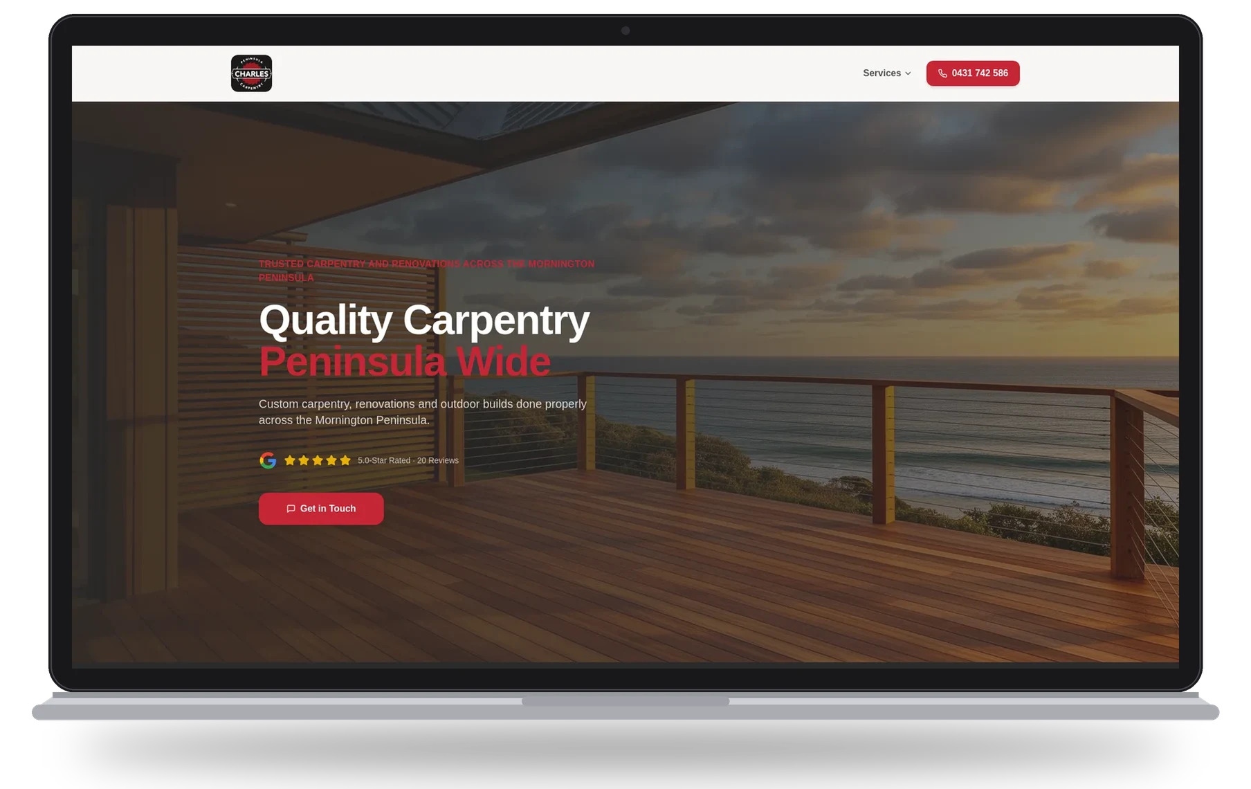 Charles Peninsula Carpentry website shown on a laptop