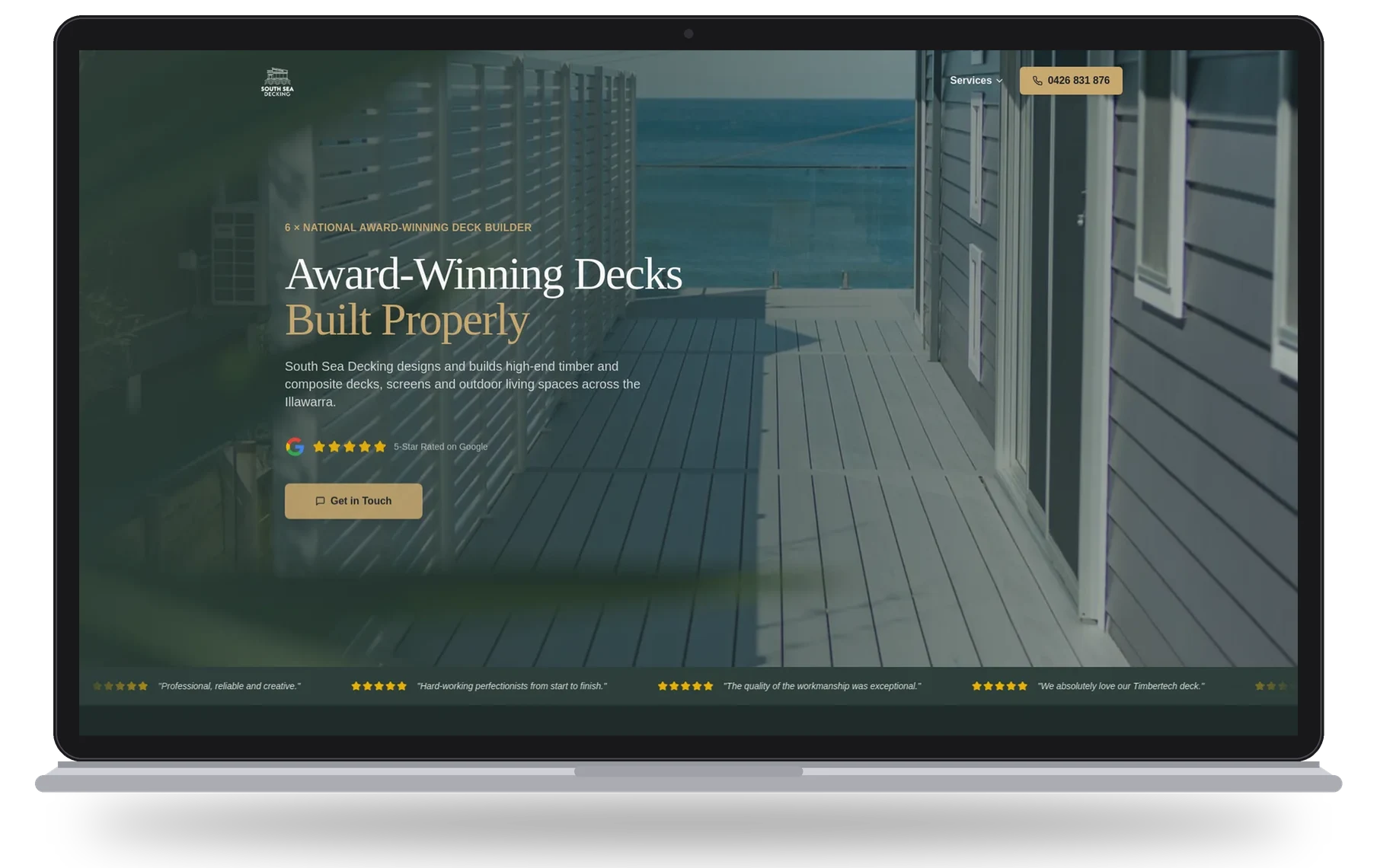 South Sea Decking website shown on a laptop