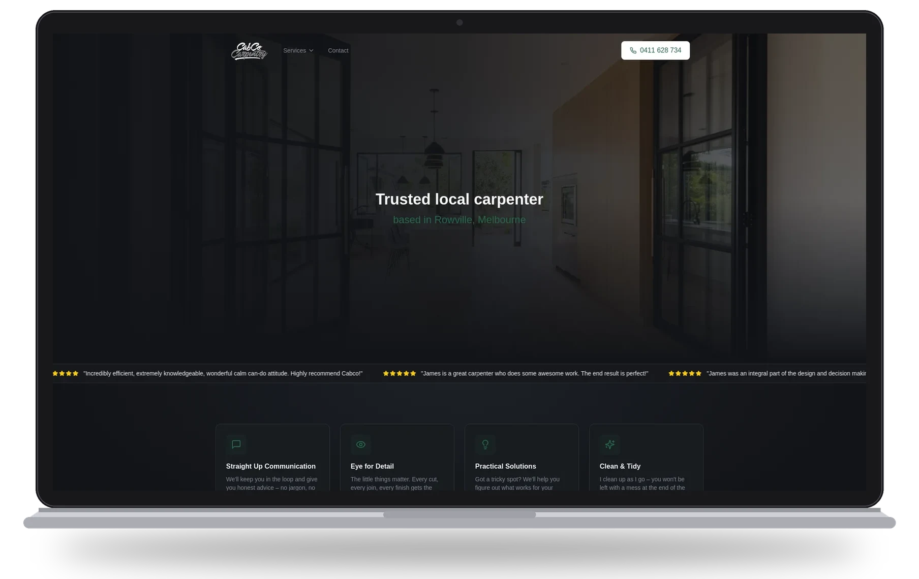 CabCo Carpentry website shown on a laptop